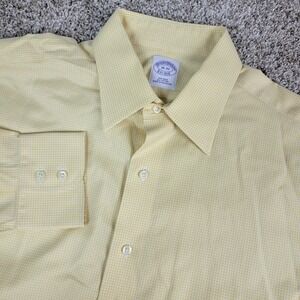 Brooks Brothers Non Iron Mens 16-33 Yellow White Mini Check Button Up LS